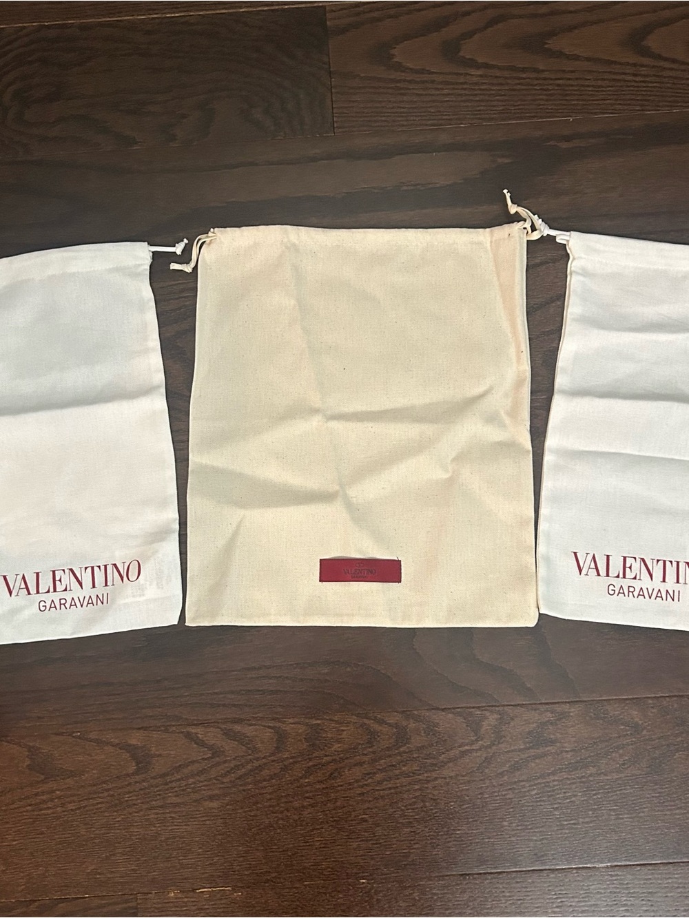 Valentino Garavani Beige and White Drawstring Dust Bags with Red Logo